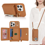 For iPhone 13 Pro Case Zipper Pocket Ring Kickstand PU Leather+TPU Phone Cover with Long Strap