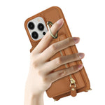 For iPhone 13 Pro Case Zipper Pocket Ring Kickstand PU Leather+TPU Phone Cover with Long Strap