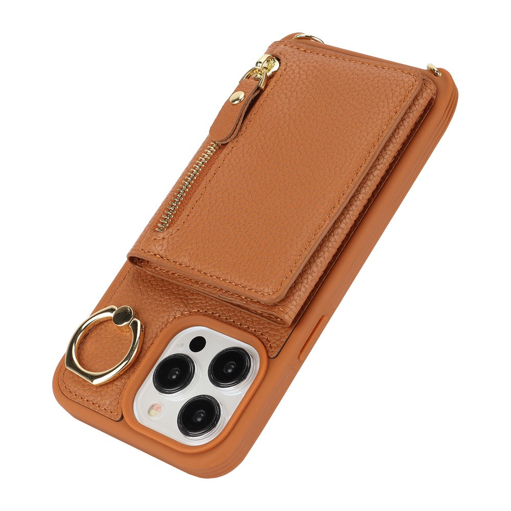 For iPhone 13 Pro Case Zipper Pocket Ring Kickstand PU Leather+TPU Phone Cover with Long Strap