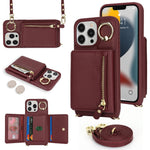 For iPhone 13 Pro Case Zipper Pocket Ring Kickstand PU Leather+TPU Phone Cover with Long Strap