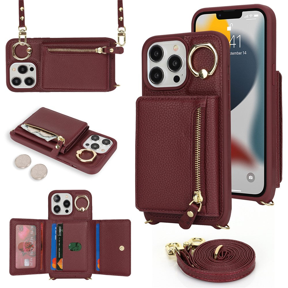 For iPhone 13 Pro Case Zipper Pocket Ring Kickstand PU Leather+TPU Phone Cover with Long Strap