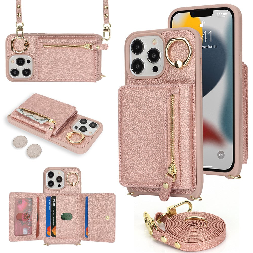 For iPhone 13 Pro Case Zipper Pocket Ring Kickstand PU Leather+TPU Phone Cover with Long Strap