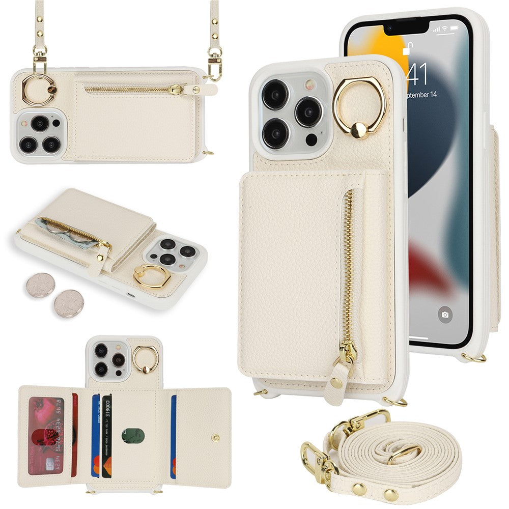 For iPhone 13 Pro Case Zipper Pocket Ring Kickstand PU Leather+TPU Phone Cover with Long Strap