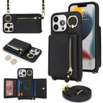 For iPhone 13 Pro Max / 12 Pro Max Case Litchi Texture Card Bag Leather+TPU Phone Cover with Long Strap