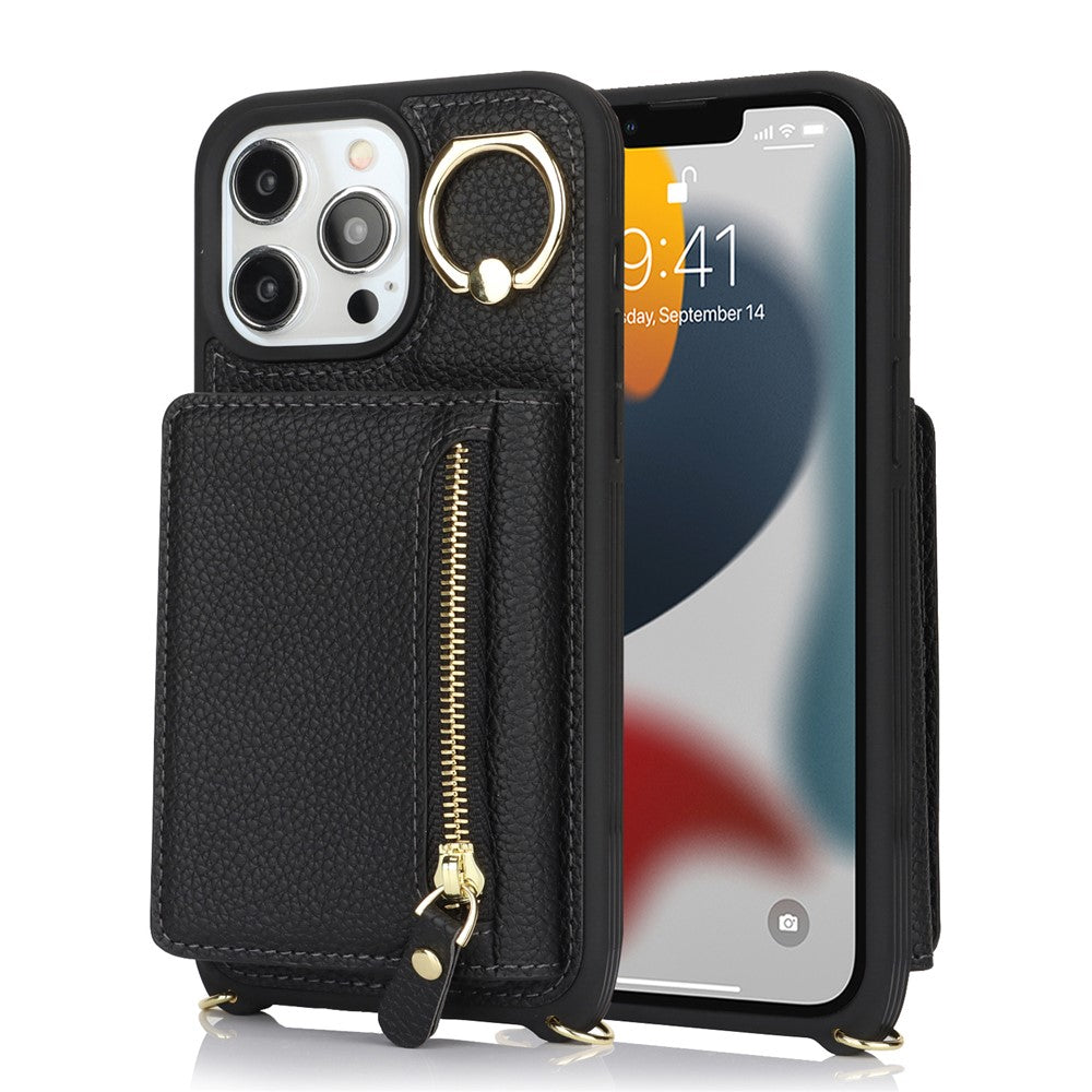 For iPhone 13 Pro Max / 12 Pro Max Case Litchi Texture Card Bag Leather+TPU Phone Cover with Long Strap