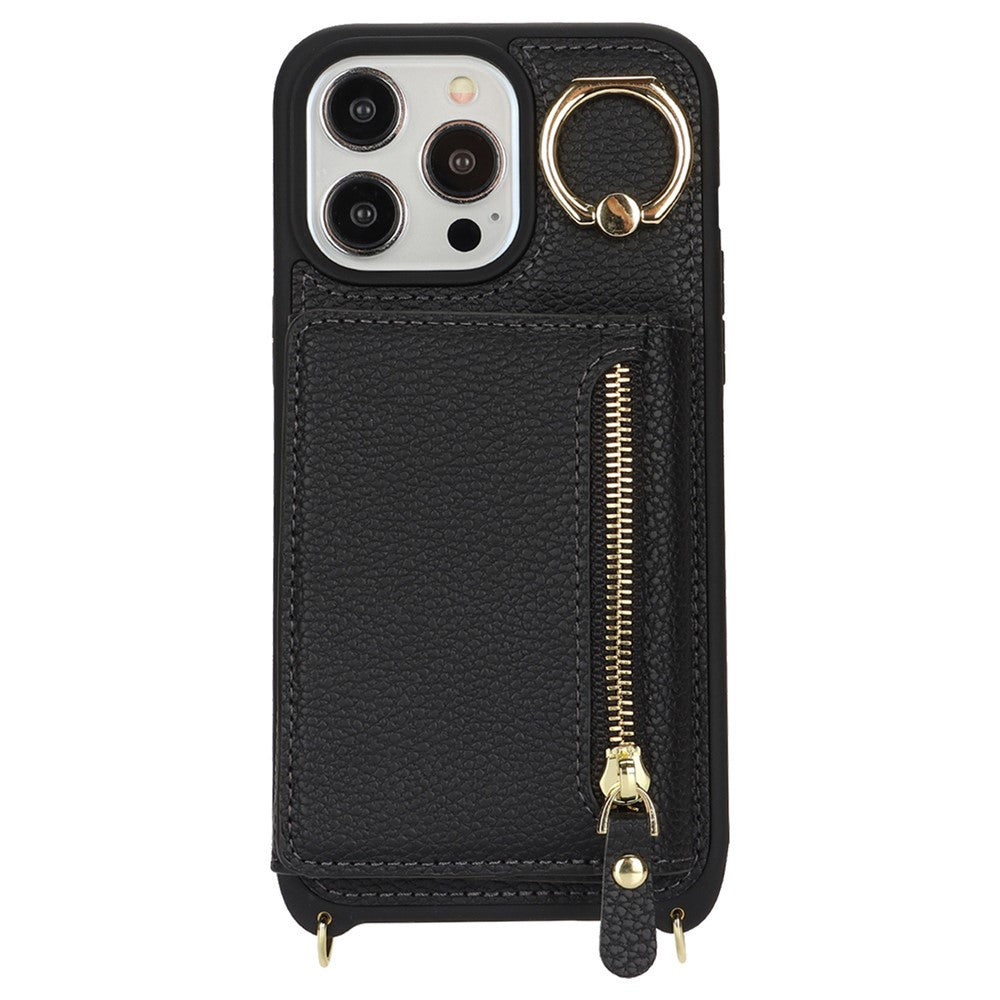 For iPhone 13 Pro Max / 12 Pro Max Case Litchi Texture Card Bag Leather+TPU Phone Cover with Long Strap