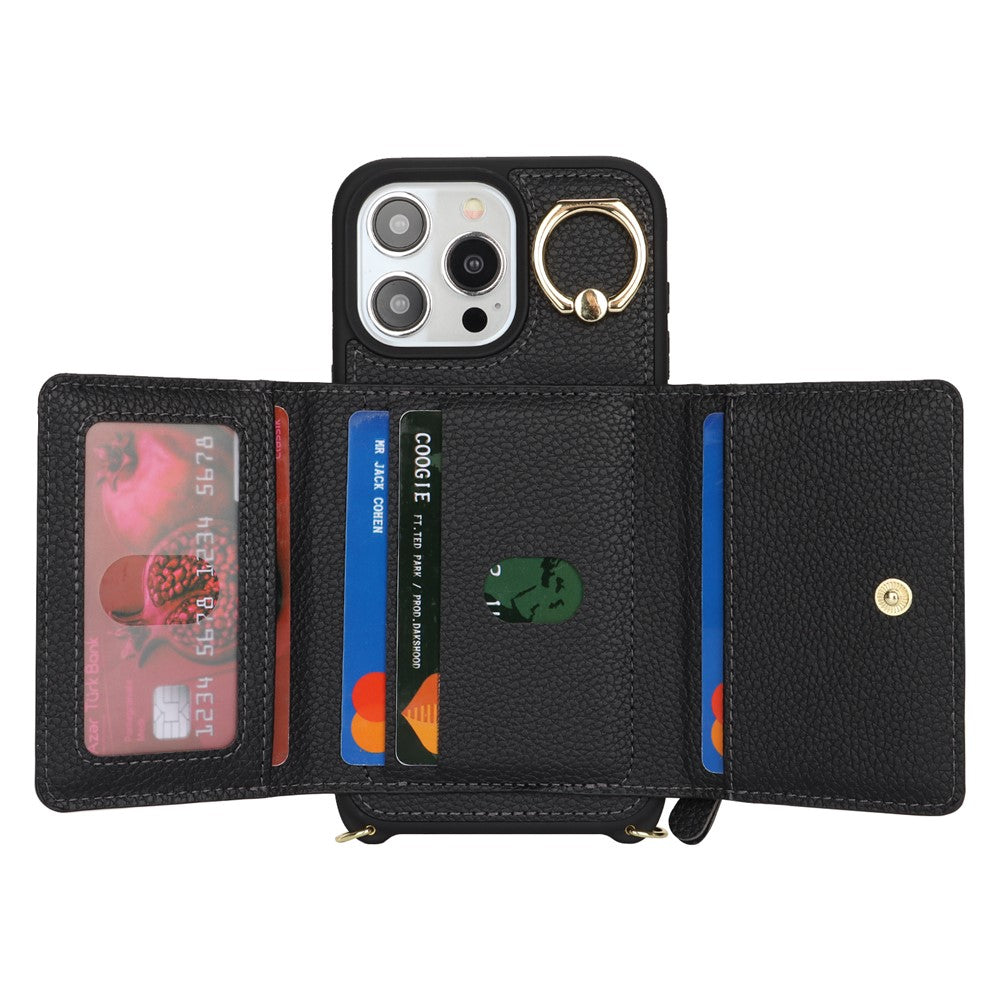 For iPhone 13 Pro Max / 12 Pro Max Case Litchi Texture Card Bag Leather+TPU Phone Cover with Long Strap