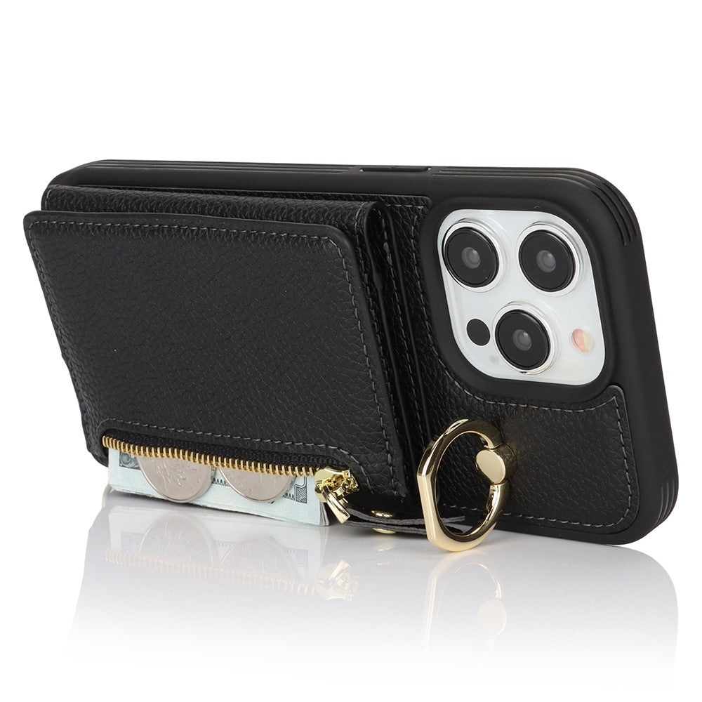 For iPhone 13 Pro Max / 12 Pro Max Case Litchi Texture Card Bag Leather+TPU Phone Cover with Long Strap