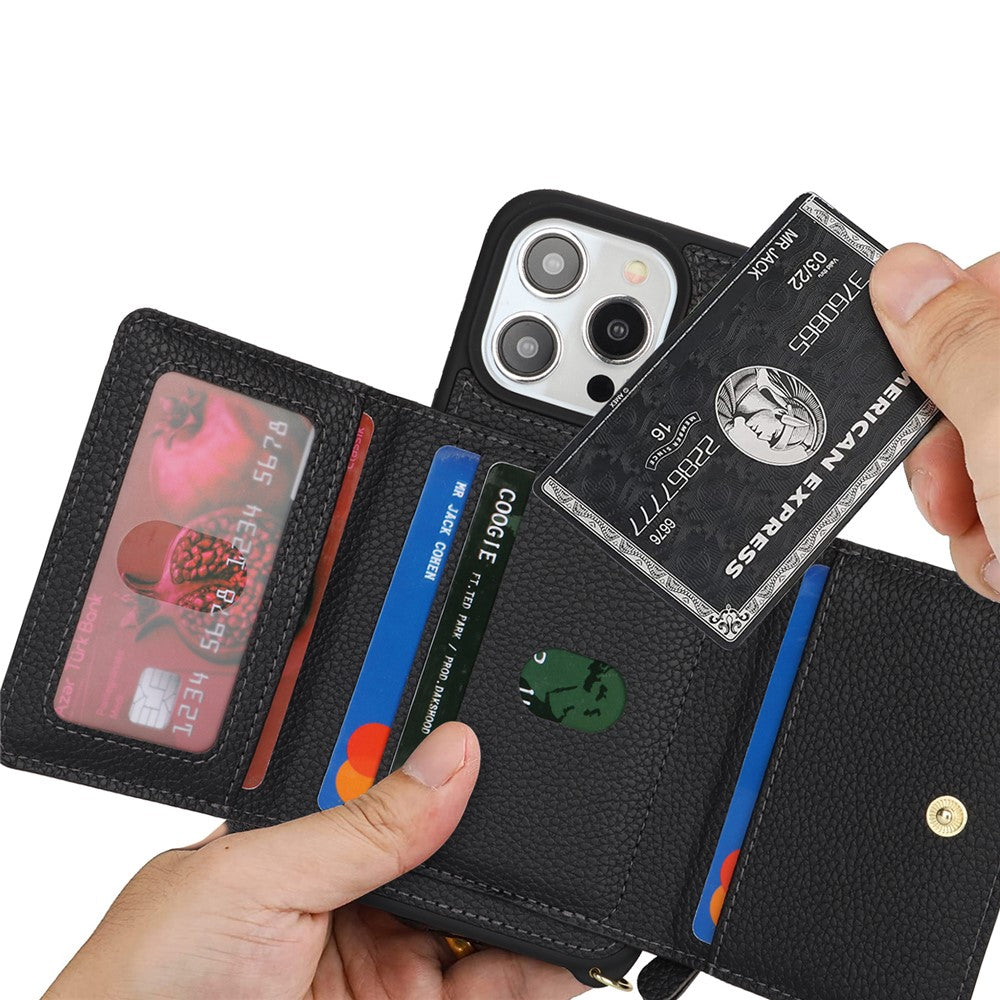 For iPhone 13 Pro Max / 12 Pro Max Case Litchi Texture Card Bag Leather+TPU Phone Cover with Long Strap