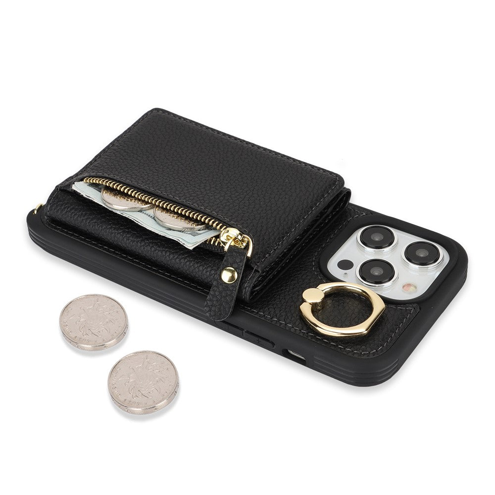 For iPhone 13 Pro Max / 12 Pro Max Case Litchi Texture Card Bag Leather+TPU Phone Cover with Long Strap