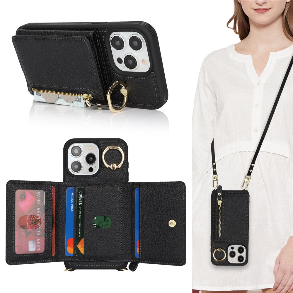 For iPhone 13 Pro Max / 12 Pro Max Case Litchi Texture Card Bag Leather+TPU Phone Cover with Long Strap