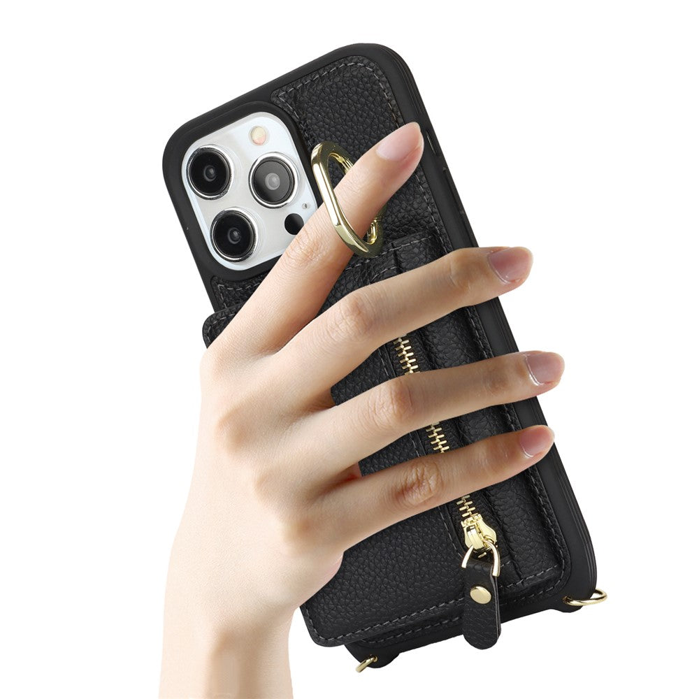 For iPhone 13 Pro Max / 12 Pro Max Case Litchi Texture Card Bag Leather+TPU Phone Cover with Long Strap