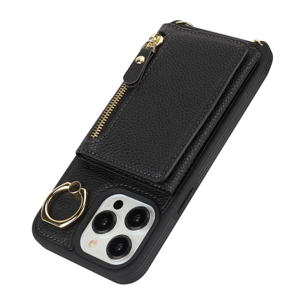For iPhone 13 Pro Max / 12 Pro Max Case Litchi Texture Card Bag Leather+TPU Phone Cover with Long Strap