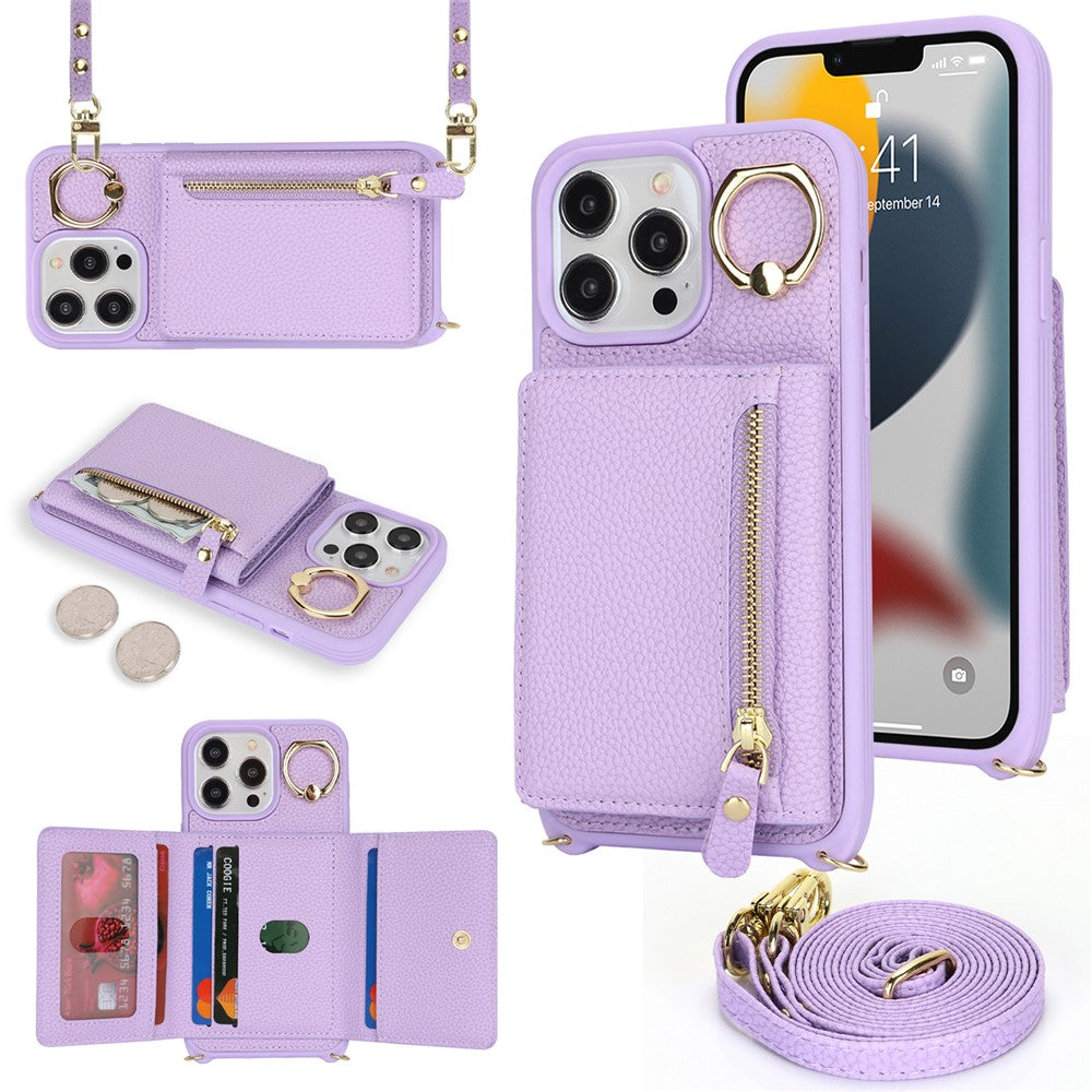 For iPhone 13 Pro Max / 12 Pro Max Case Litchi Texture Card Bag Leather+TPU Phone Cover with Long Strap