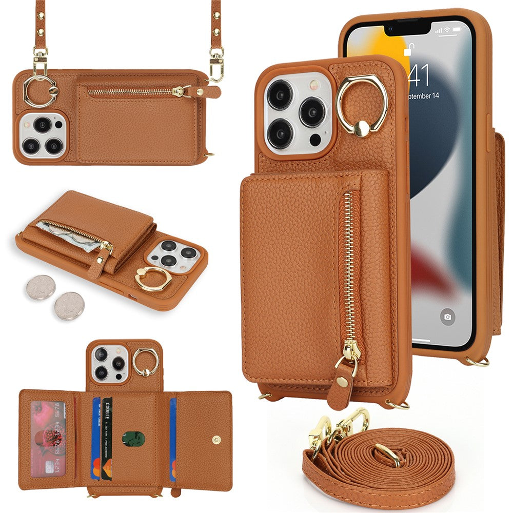 For iPhone 13 Pro Max / 12 Pro Max Case Litchi Texture Card Bag Leather+TPU Phone Cover with Long Strap