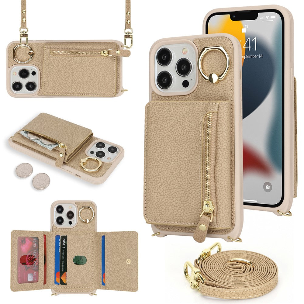 For iPhone 13 Pro Max / 12 Pro Max Case Litchi Texture Card Bag Leather+TPU Phone Cover with Long Strap