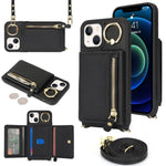 For iPhone 13 mini Case Card Bag Zipper Pocket Leather+TPU Ring Holder Phone Cover with Long Strap
