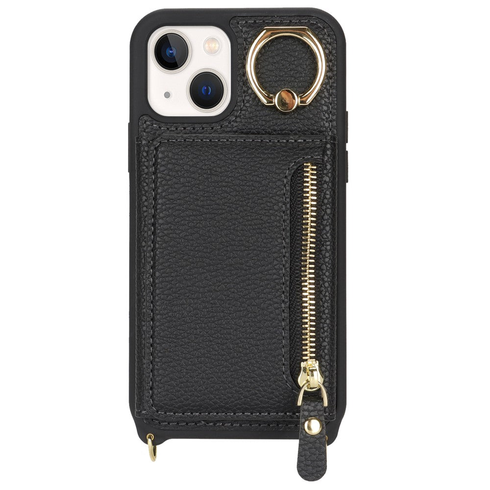 For iPhone 13 mini Case Card Bag Zipper Pocket Leather+TPU Ring Holder Phone Cover with Long Strap