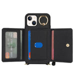 For iPhone 13 mini Case Card Bag Zipper Pocket Leather+TPU Ring Holder Phone Cover with Long Strap