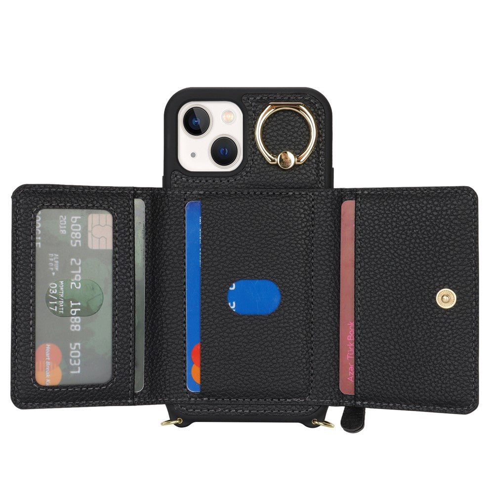 For iPhone 13 mini Case Card Bag Zipper Pocket Leather+TPU Ring Holder Phone Cover with Long Strap