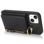 For iPhone 13 mini Case Card Bag Zipper Pocket Leather+TPU Ring Holder Phone Cover with Long Strap