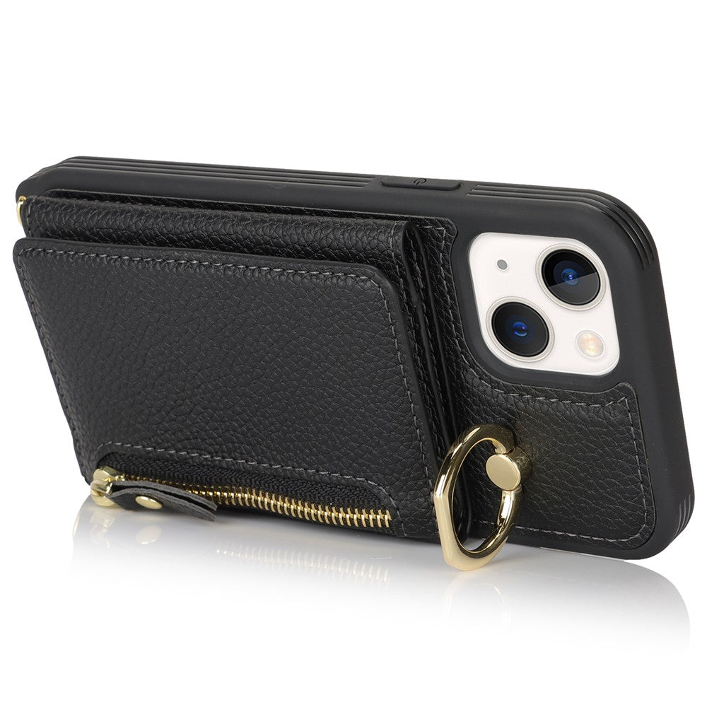 For iPhone 13 mini Case Card Bag Zipper Pocket Leather+TPU Ring Holder Phone Cover with Long Strap