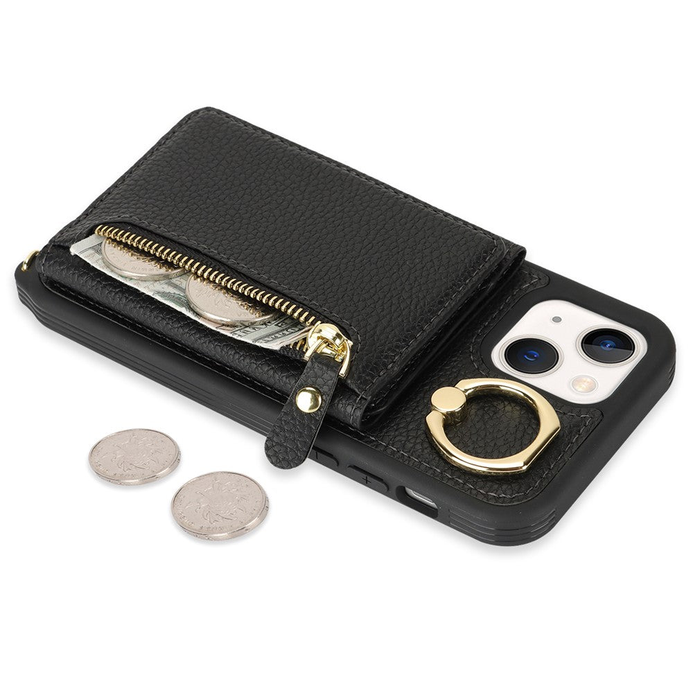For iPhone 13 mini Case Card Bag Zipper Pocket Leather+TPU Ring Holder Phone Cover with Long Strap