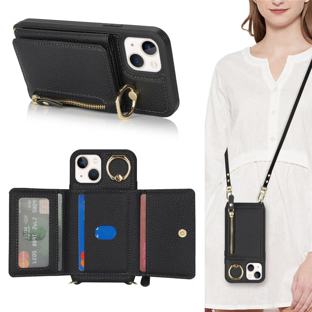 For iPhone 13 mini Case Card Bag Zipper Pocket Leather+TPU Ring Holder Phone Cover with Long Strap