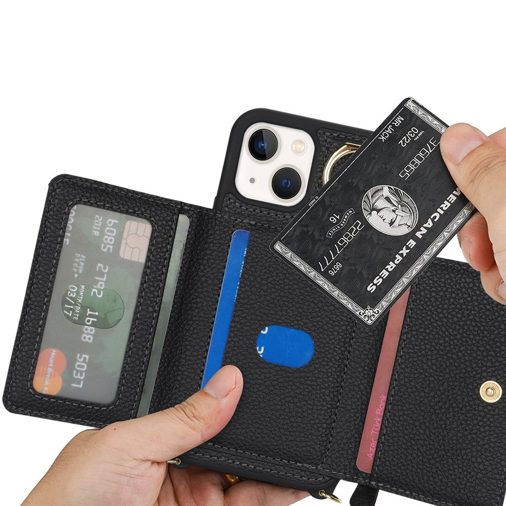 For iPhone 13 mini Case Card Bag Zipper Pocket Leather+TPU Ring Holder Phone Cover with Long Strap