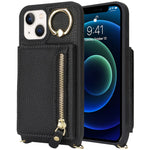 For iPhone 13 mini Case Card Bag Zipper Pocket Leather+TPU Ring Holder Phone Cover with Long Strap