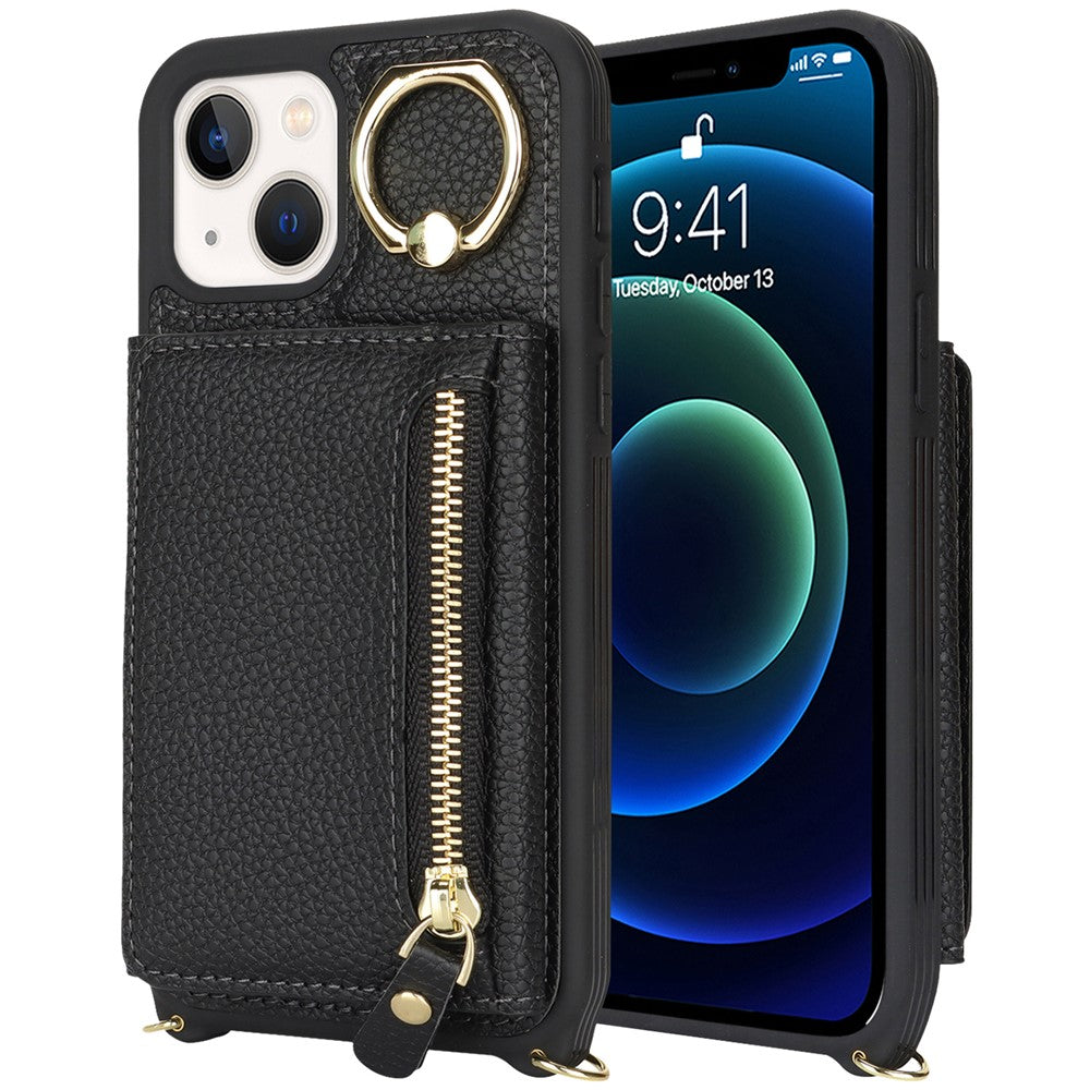 For iPhone 13 mini Case Card Bag Zipper Pocket Leather+TPU Ring Holder Phone Cover with Long Strap