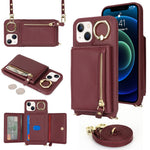 For iPhone 13 mini Case Card Bag Zipper Pocket Leather+TPU Ring Holder Phone Cover with Long Strap