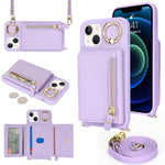 For iPhone 13 mini Case Card Bag Zipper Pocket Leather+TPU Ring Holder Phone Cover with Long Strap