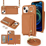 For iPhone 13 mini Case Card Bag Zipper Pocket Leather+TPU Ring Holder Phone Cover with Long Strap