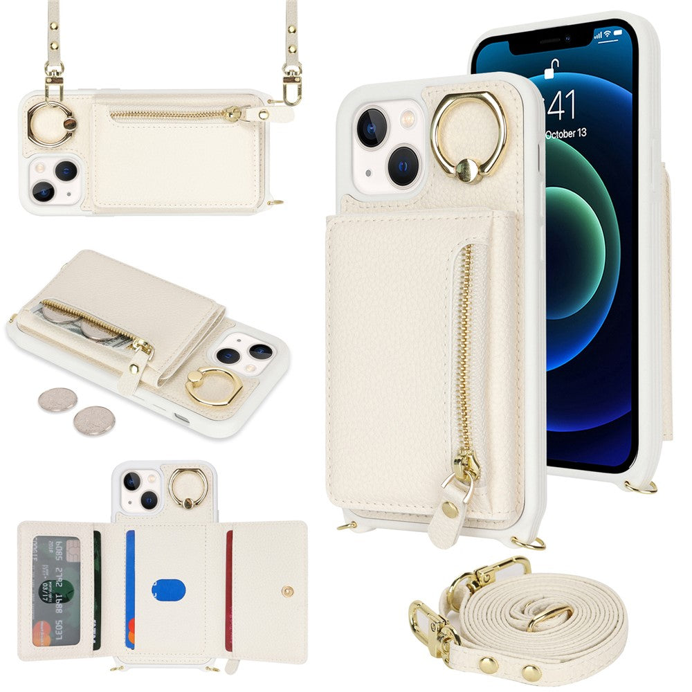 For iPhone 13 mini Case Card Bag Zipper Pocket Leather+TPU Ring Holder Phone Cover with Long Strap