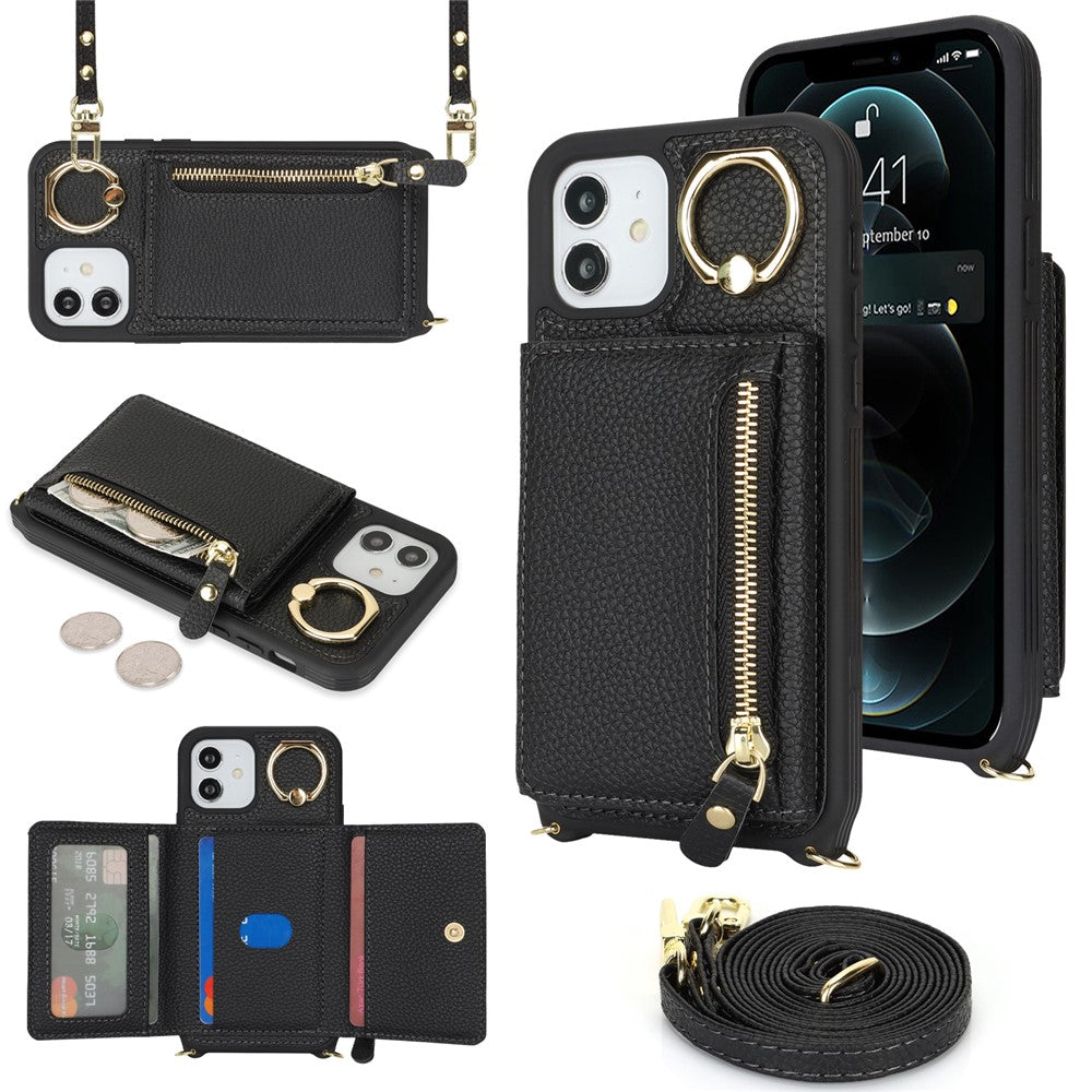 Til iPhone 12 / 12 Pro Etui Korttaske Ringholder Litchi Tekstur Læder+TPU Telefoncover med Lang Rem