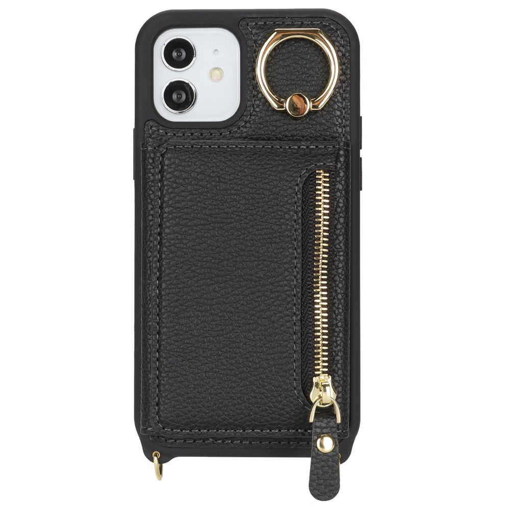 Til iPhone 12 / 12 Pro Etui Korttaske Ringholder Litchi Tekstur Læder+TPU Telefoncover med Lang Rem