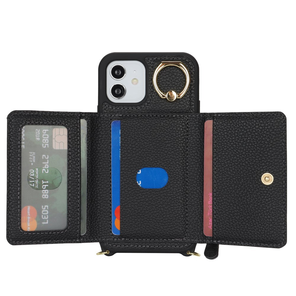 Til iPhone 12 / 12 Pro Etui Korttaske Ringholder Litchi Tekstur Læder+TPU Telefoncover med Lang Rem