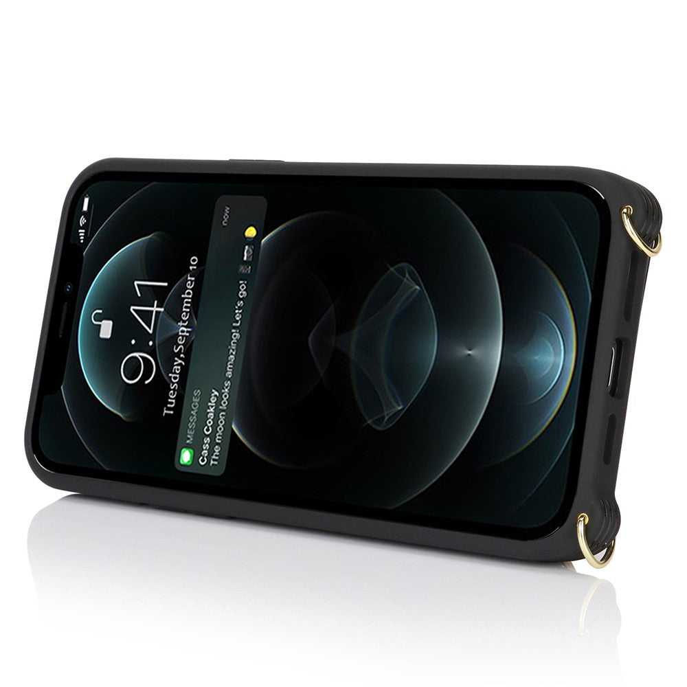 Til iPhone 12 / 12 Pro Etui Korttaske Ringholder Litchi Tekstur Læder+TPU Telefoncover med Lang Rem