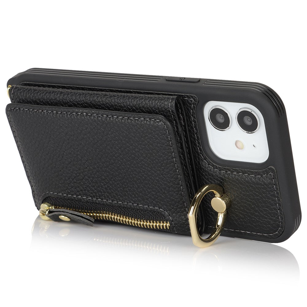 Til iPhone 12 / 12 Pro Etui Korttaske Ringholder Litchi Tekstur Læder+TPU Telefoncover med Lang Rem