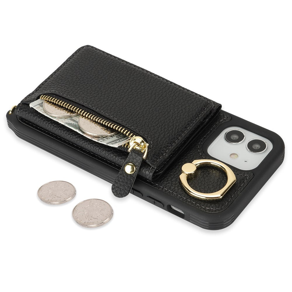 Til iPhone 12 / 12 Pro Etui Korttaske Ringholder Litchi Tekstur Læder+TPU Telefoncover med Lang Rem