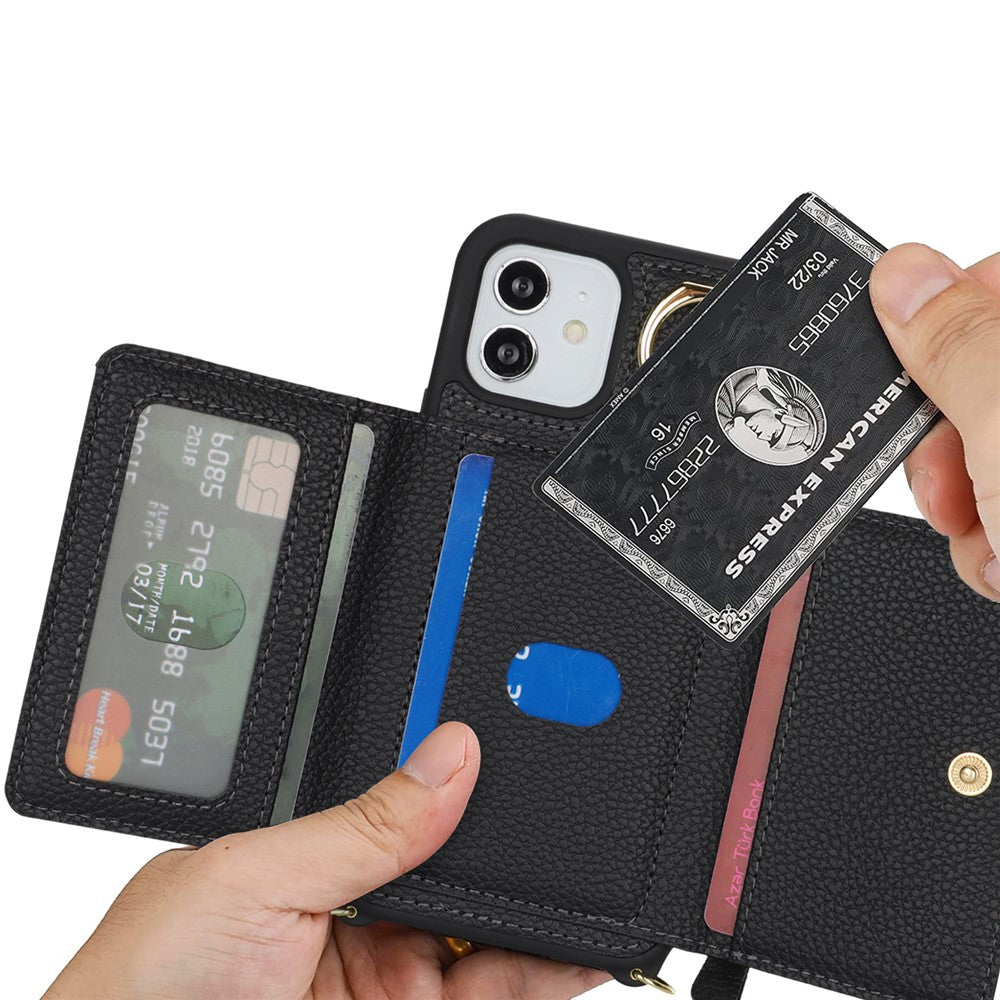 Til iPhone 12 / 12 Pro Etui Korttaske Ringholder Litchi Tekstur Læder+TPU Telefoncover med Lang Rem
