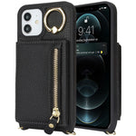 Til iPhone 12 / 12 Pro Etui Korttaske Ringholder Litchi Tekstur Læder+TPU Telefoncover med Lang Rem