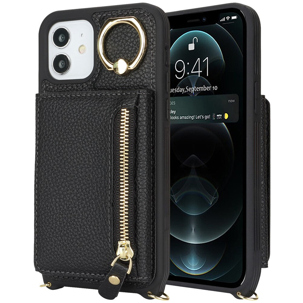 Til iPhone 12 / 12 Pro Etui Korttaske Ringholder Litchi Tekstur Læder+TPU Telefoncover med Lang Rem