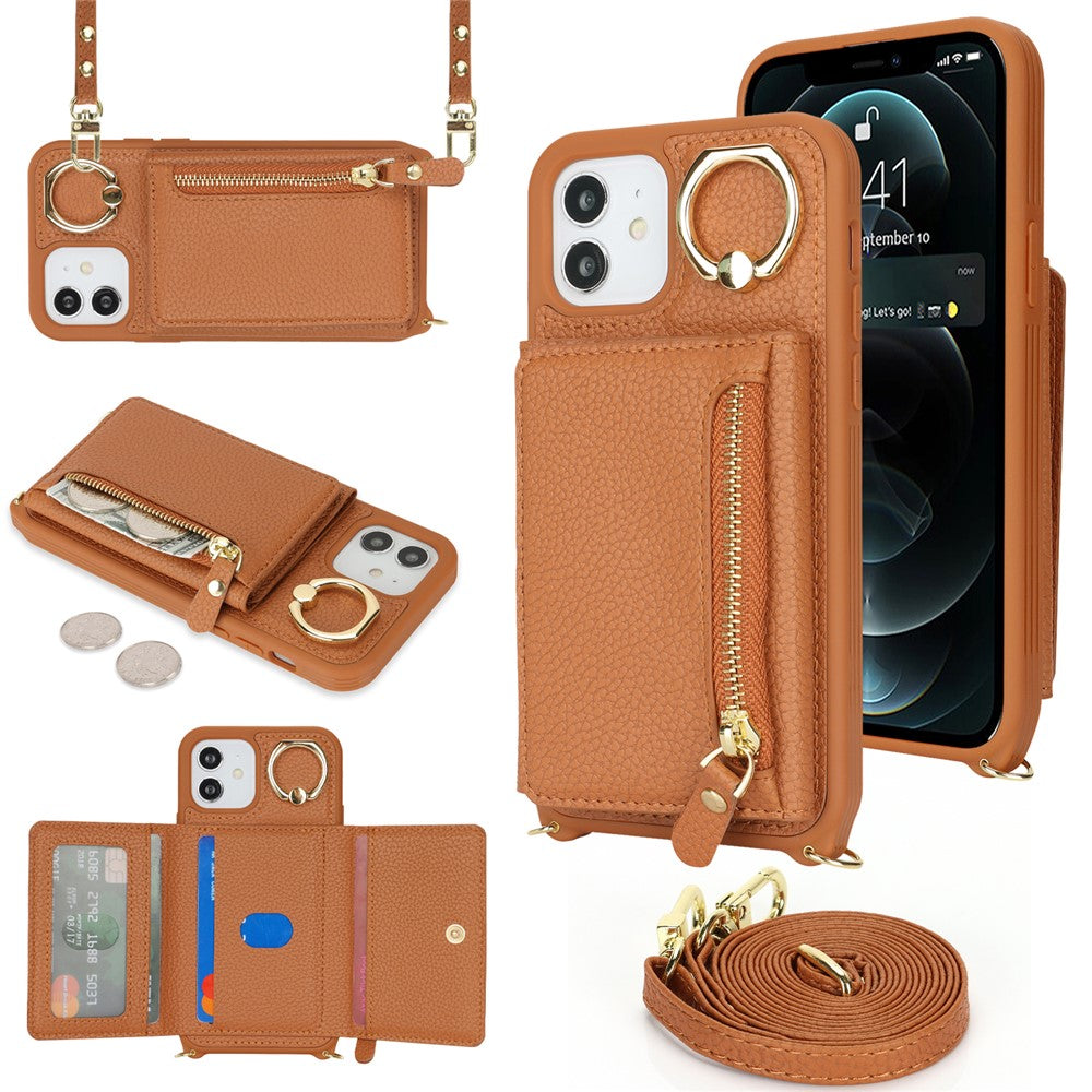 Til iPhone 12 / 12 Pro Etui Korttaske Ringholder Litchi Tekstur Læder+TPU Telefoncover med Lang Rem