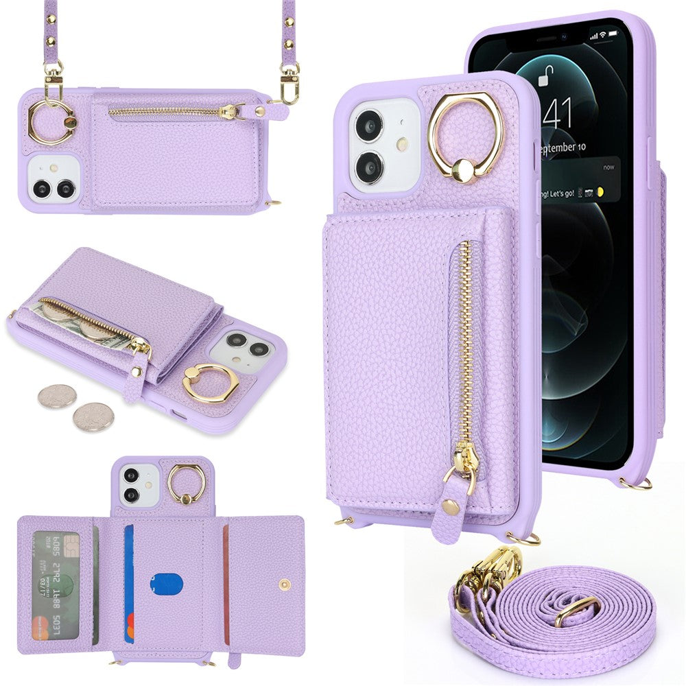 Til iPhone 12 / 12 Pro Etui Korttaske Ringholder Litchi Tekstur Læder+TPU Telefoncover med Lang Rem