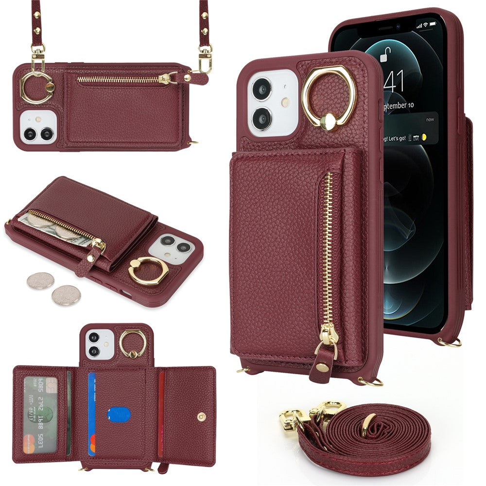 Til iPhone 12 / 12 Pro Etui Korttaske Ringholder Litchi Tekstur Læder+TPU Telefoncover med Lang Rem