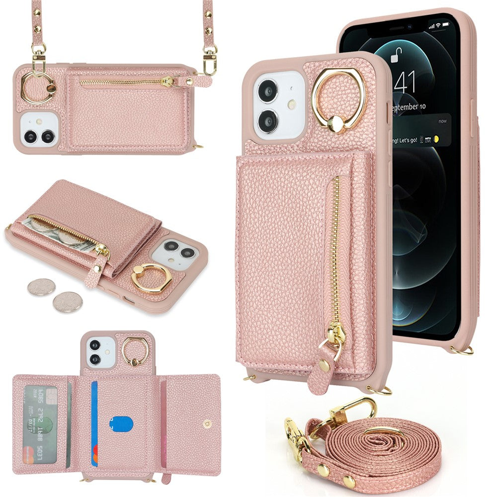 Til iPhone 12 / 12 Pro Etui Korttaske Ringholder Litchi Tekstur Læder+TPU Telefoncover med Lang Rem