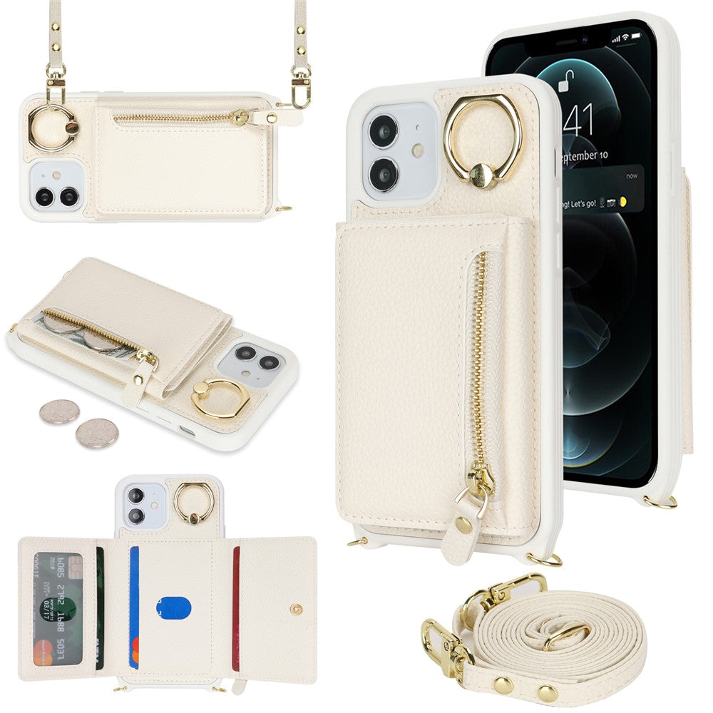 Til iPhone 12 / 12 Pro Etui Korttaske Ringholder Litchi Tekstur Læder+TPU Telefoncover med Lang Rem