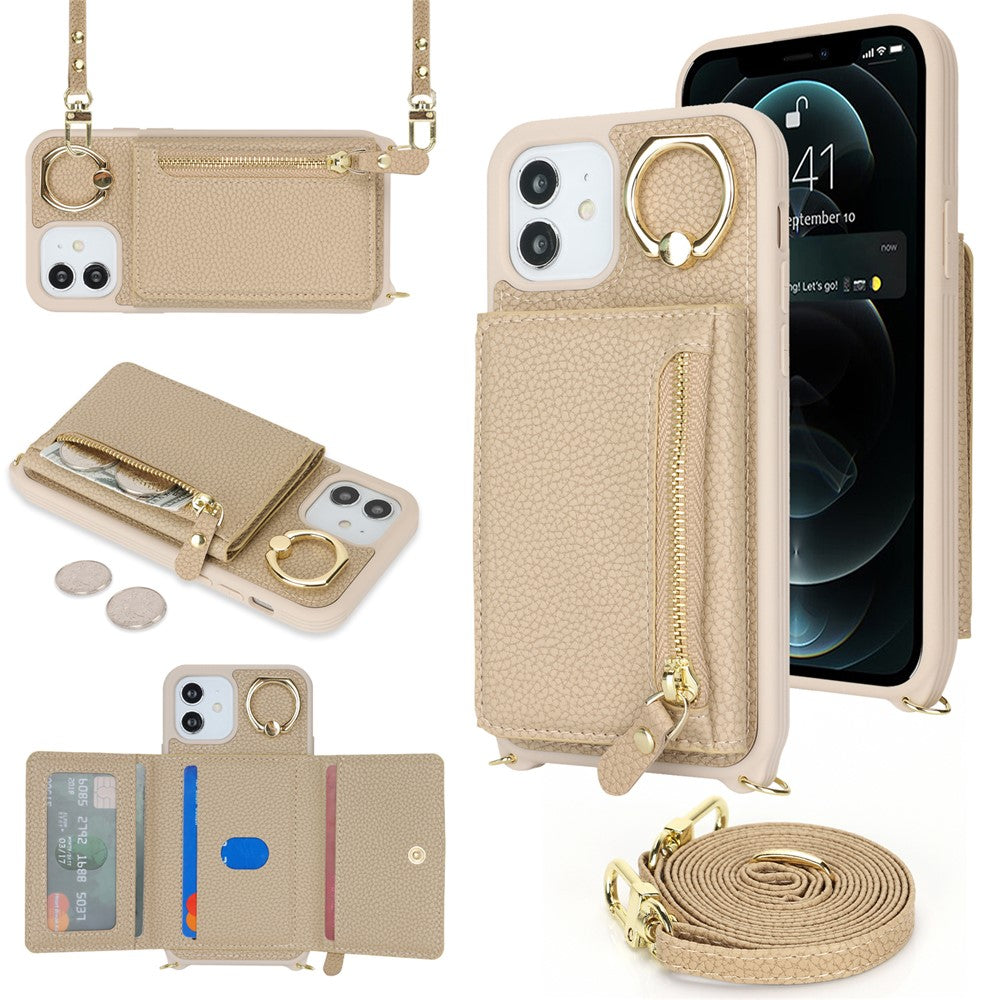 Til iPhone 12 / 12 Pro Etui Korttaske Ringholder Litchi Tekstur Læder+TPU Telefoncover med Lang Rem